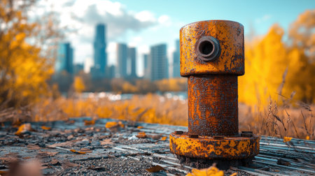 A rusty yellow hydrant stands in the foreground with a blurred city skyline and autumn foliage in the background.の素材