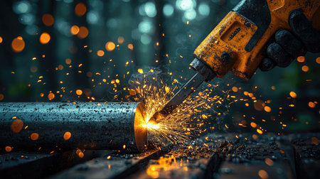 A close-up of a power tool welding a metal pipe, creating sparks against a blurred, atmospheric background of a workshop.の素材