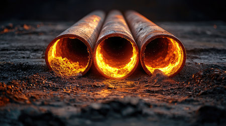 Three rusted pipes emit a warm glow, showcasing a striking contrast between their metallic texture and the fiery light within.の素材