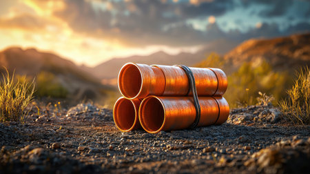 A set of four orange pipes is stacked on a rocky path, surrounded by grass, with a dramatic sky in the background, evoking a sense of adventure and exploration.の素材