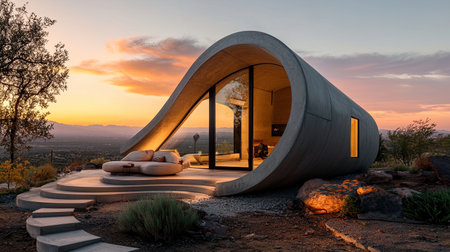 A modern, curved concrete house set against a vibrant sunset, featuring large glass windows and surrounded by natural landscaping.の素材