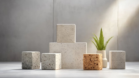 A minimalist arrangement of textured blocks with a potted plant, showcasing modern design against a simple backdrop.の素材