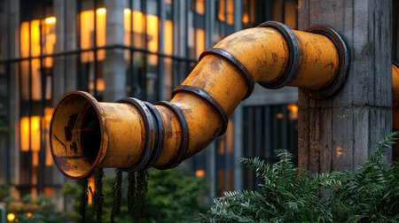 A weathered yellow pipe curves around a post, contrasting with modern buildings in the background, showcasing urban industrial elements.の素材