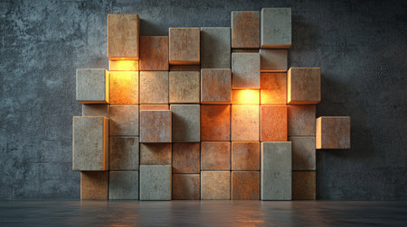 A modern wall design featuring illuminated, textured cubes against a concrete backdrop, creating a stylish and artistic interior ambiance.の素材