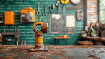 A close-up of a rusty pipe fitting on a wooden workbench, with a workshop backdrop featuring tools and a green wall.の素材