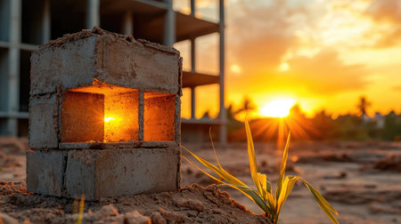 A close-up of a concrete block illuminated by sunset, with a blurred construction site in the background, highlighting nature's beauty amidst urban development.の素材