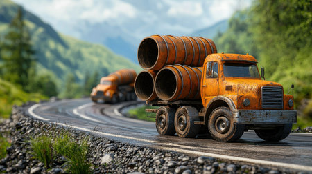 A rugged orange truck carrying barrels navigates a winding road surrounded by lush green mountains under a cloudy sky.の素材