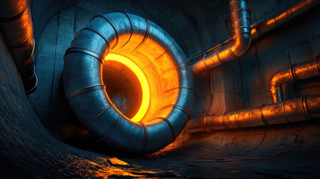 A glowing, circular pipe entrance in a dark, metallic underground setting, suggesting mystery and exploration.の素材