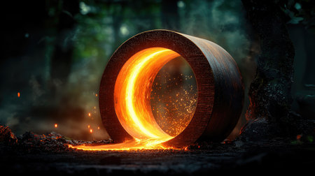 A glowing circular portal emits molten lava, surrounded by a mystical forest atmosphere, creating an enchanting and otherworldly scene.の素材