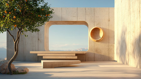 A serene modern outdoor space featuring a minimalist design, a concrete structure, a tree, and a scenic view through an archway.の素材