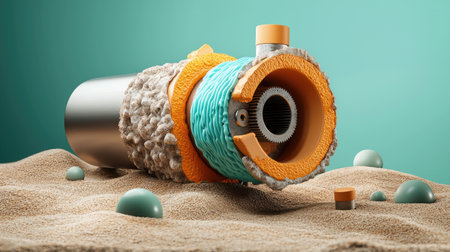 A stylized object resembling a mechanical component, surrounded by sand and glossy spheres, set against a soft green background.の素材