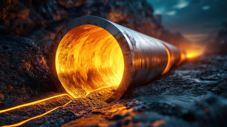 A glowing, metallic pipe emits flowing molten substance, set against a dramatic, rocky landscape under a twilight sky.の素材