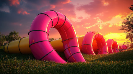 Colorful water slides curve through green grass, illuminated by a vibrant sunset, creating a playful and inviting atmosphere.の素材