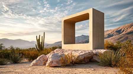 A modern concrete structure framed against a desert landscape, surrounded by cacti and rocky terrain under a colorful sky.の素材