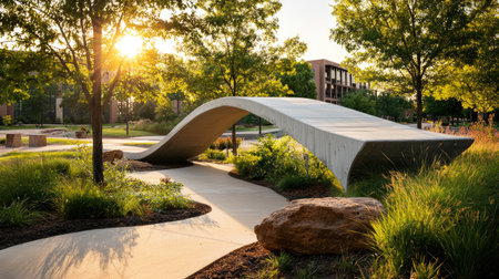 A modern concrete bridge gracefully arches over a winding path, surrounded by lush greenery and warm sunlight.の素材