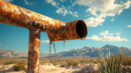 A rusted pipe juts from the ground under a bright blue sky, surrounded by arid landscape and distant mountains, evoking a sense of desolation.の素材