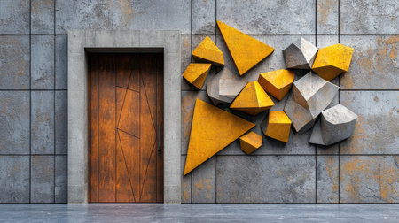 A modern entrance features a wooden door alongside an abstract arrangement of geometric shapes in yellow and gray on a textured wall.の素材