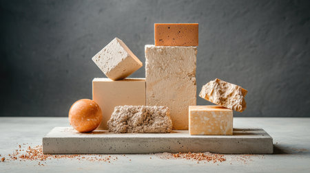 A collection of textured blocks, varying in shape and color, arranged artistically on a concrete base against a muted background.の素材
