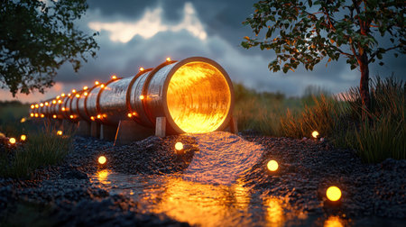 A glowing orange tunnel emits light, surrounded by a serene landscape of water and trees under a cloudy sky.の素材