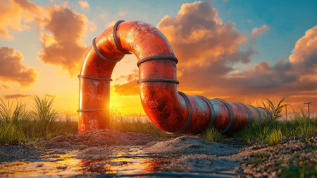 A vibrant sunset scene featuring a large, twisted orange pipe amidst grass, reflecting nature's beauty and industrial design.の素材
