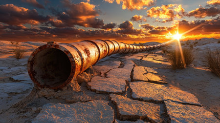 A rusty pipeline stretches across a cracked landscape, framed by a dramatic sunset with vibrant clouds, highlighting the contrast between nature and industrial decay.の素材
