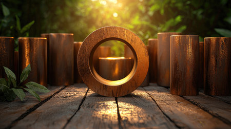 A wooden ring is centered in a lush, green environment, surrounded by textured wooden cylinders, illuminated by warm, glowing light.の素材