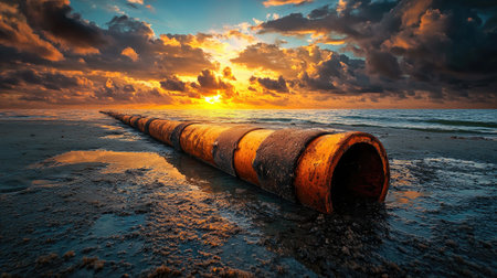 A rusty pipe extends into the ocean at sunset, surrounded by clouds reflecting vibrant colors on the water's surface.の素材