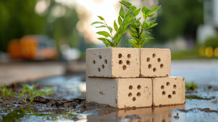 A stack of light-colored bricks with green plants growing from the holes, set against a blurred outdoor background.の素材