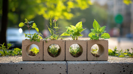 A vibrant display of herbs growing from concrete blocks, showcasing urban gardening and sustainability in a sunny outdoor setting.の素材