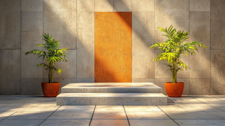 A serene entrance with a wooden door, surrounded by potted plants, on a tiled surface, illuminated by soft sunlight.の素材