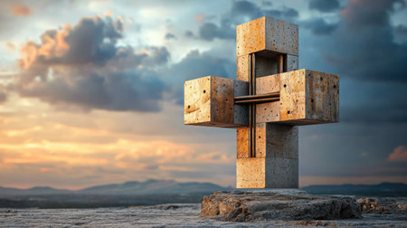 A large, modern cross sculpture stands against a dramatic sunset sky, surrounded by a serene landscape, symbolizing faith and reflection.の素材