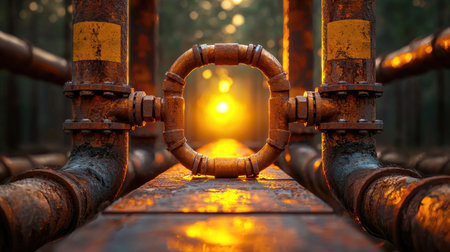 A close-up view of rusty pipes with a glowing sunset in the background, creating a warm and industrial atmosphere.の素材