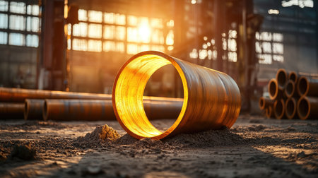 A metallic pipe lies on the ground, illuminated by golden sunlight filtering through an industrial setting, surrounded by other pipes and dirt.の素材