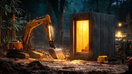 A miniature excavator works near a glowing cabin in a forest at night, creating an atmospheric and intriguing scene.の素材