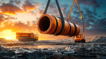 A construction site at sunset featuring cranes lifting a large pipe, with trucks in the background, showcasing industrial activity and vibrant colors.の素材