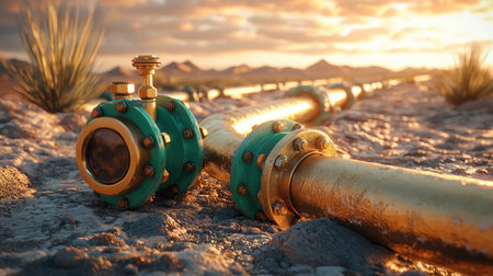 A close-up view of a metallic pipeline with a valve, set against a desert landscape during a beautiful sunset.の素材