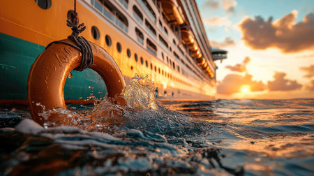 A vibrant sunset reflects on calm waters, showcasing a cruise ship and a lifebuoy, capturing the essence of maritime adventure and tranquility.の素材
