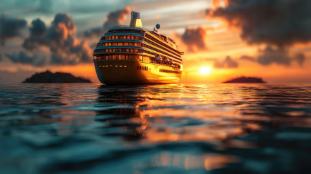 A majestic cruise ship sails on tranquil waters during a stunning sunset, surrounded by distant islands and a colorful sky.の素材