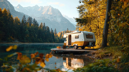 A serene lakeside scene featuring a cozy camper surrounded by autumn foliage and majestic mountains.の素材