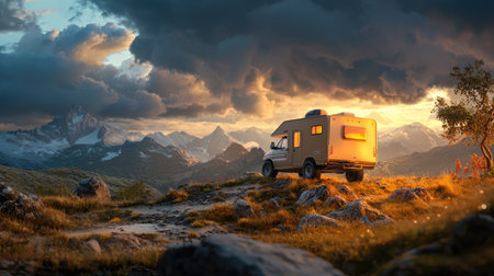 A serene camper van rests on a rocky hillside, surrounded by majestic mountains and dramatic clouds at sunset, creating a picturesque outdoor scene.の素材