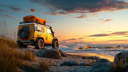 A rugged yellow vehicle parked near a beach at sunset, surrounded by rocks and grass, perfect for adventure and exploration.の素材