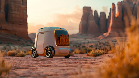 A futuristic delivery vehicle navigates a desert landscape, surrounded by towering rock formations under a vibrant sunset.の素材