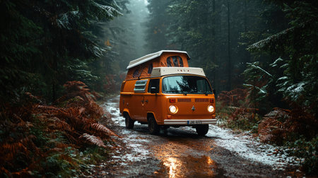 A vintage orange camper van drives through a misty forest trail, surrounded by lush greenery and wet terrain, evoking a sense of adventure and exploration.の素材