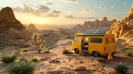 A vibrant yellow camper van parked in a desert landscape at sunset, surrounded by rocky formations and sparse vegetation, evoking a sense of adventure.の素材