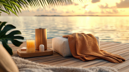 A serene sunset view featuring a cozy blanket, candles, and a wooden decor piece by the calm, reflective waters.の素材
