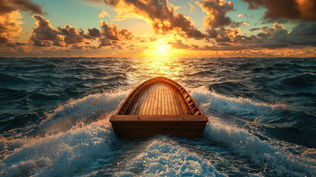 A serene boat glides through ocean waves at sunset, with vibrant clouds reflecting the warm colors of the sky.の素材