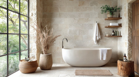 A serene bathroom featuring a freestanding tub, natural textures, plants, and large windows, creating a tranquil and stylish atmosphere.の素材