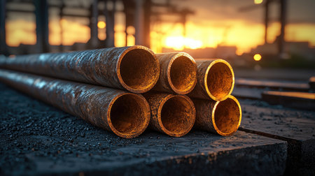 A close-up of rusty metal pipes stacked together, illuminated by a warm sunset, set against an industrial backdrop.の素材