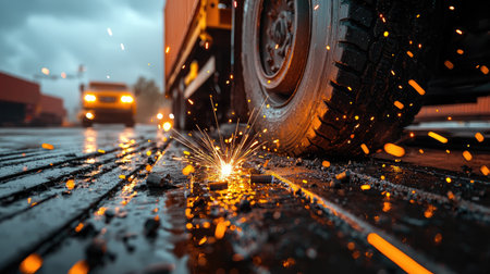 A dramatic close-up of a truck tire emitting sparks on a wet road, highlighting the interplay of machinery and weather.の素材