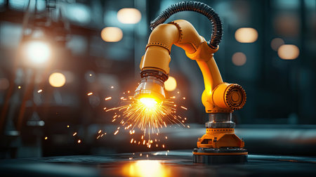 A robotic arm emits sparks while welding in a modern industrial setting, showcasing advanced automation and technology in manufacturing.の素材